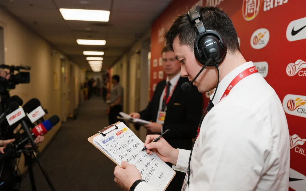 赛后发布会幕后：翻译与媒体官在走廊对齐词汇、同传设备与稿纸