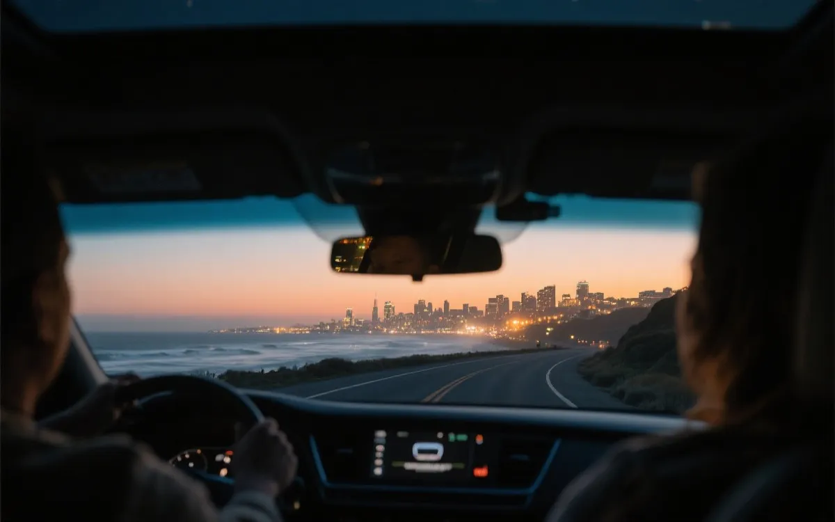 海岸公路自驾,黄昏时分的车灯与远处球迷城市光影