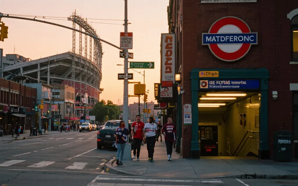 球迷步行穿过城市街区前往球场，路牌与地铁入口清晰可见