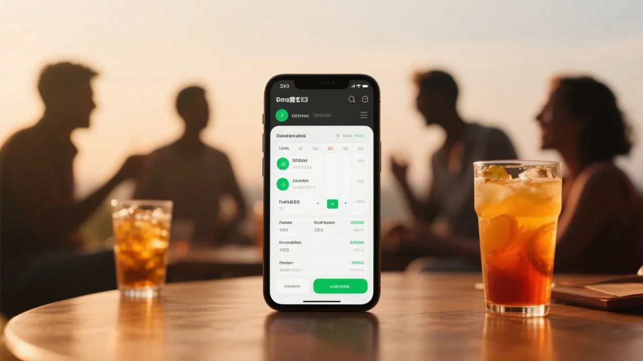 手机屏幕上的赛程与数据，旁边是啤酒与朋友的剪影，体现社交讨论氛围